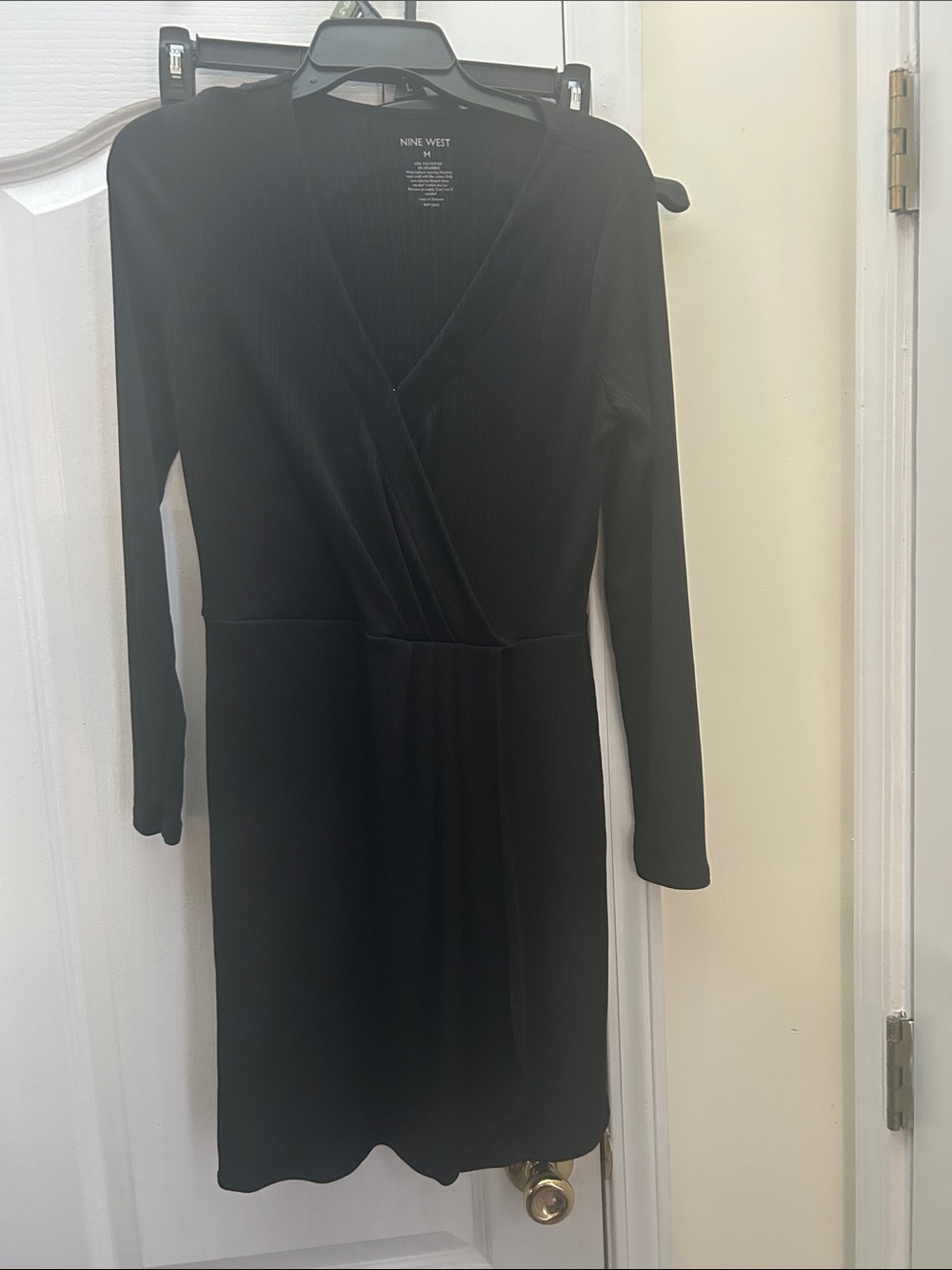 Nine West Black Long-Sleeve Faux-Wrap Midi Dress